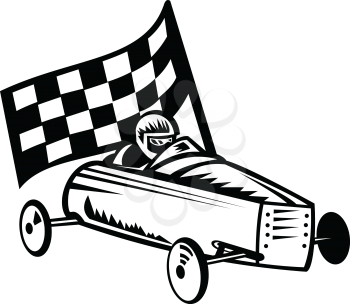 Retro black and white style illustration of a vintage soap box derby or soapbox car racer with racing flag in competition viewed from side on isolated white background.