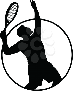 Retro style black and white illustration of a silhouette of a male tennis player with racquet or racket serving viewed from side set inside circle on isolated background.