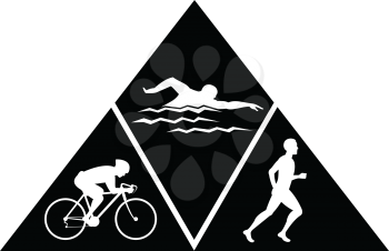 Retro black and white style illustration of triathlon, a multisport activity that comprises of running, swimming and cycling all in a single event set inside triangle on isolated background.