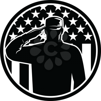 Retro style illustration of an American veteran soldier or military serviceman personnel saluting the USA stars and stripes flag set inside circle on isolated background done in black and white.