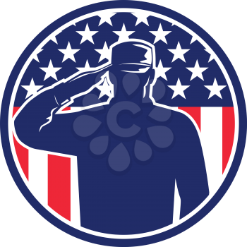 Retro style illustration of an American veteran soldier or military serviceman personnel saluting the USA stars and stripes flag set inside circle on isolated background done in full color.