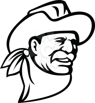 Mascot illustration of an American cowboy wearing a hat, mustache and neckerchief or bandana looking to side on isolated background in retro black and white style.