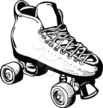 Stencil illustration of vintage woman or ladies roller derby skates on isolated background done in black and white retro style.