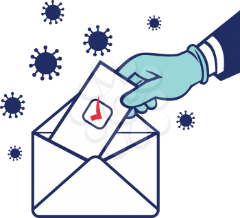 Retro style illustration of an American voter with glove hand voting during pandemic covid-19 coronavirus lockdown putting ballot or vote inside postal ballot envelope in on isolated background.