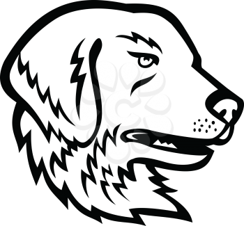 Mascot illustration of head of a Great Pyrenees or Pyrenean Mountain Dog, a large breed of dog used as a livestock guardian dog viewed from side on isolated background in retro black and white style.