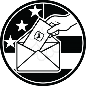 Retro black and white style illustration of a hand of an American voter putting ballot or vote inside postal ballot envelope with USA stars and stripes flag inside circle on isolated background.