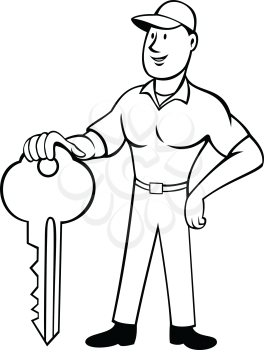 Cartoon style illustration of a locksmith or keymaker standing and holding a key viewed from front on isolated background done in black and white.  