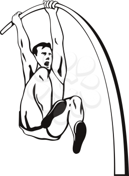 Stencil illustration of a pole vaulter with flexible pole jumping over bar in pole vaulting, a track and field event on isolated background done in black and white retro style.