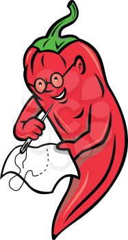 Mascot illustration of a red chili pepper from Nahuatl chilli fruit of the genus Capsicum in the nightshade family, wearing granny glasses and stitching cloth with sewing needle in retro style.