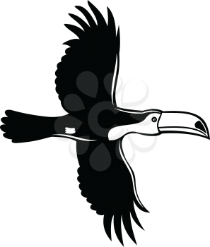 Stencil illustration of a toco toucan, Ramphastos toco, common toucan or giant toucan, flying viewed from side on isolated background done in black and white retro style.