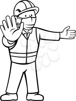 Black and white cartoon illustration of a construction worker wearing face mask showing stop hand signal and other hand pointing directing to side front view in retro style on isolated background.