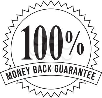 Icon mark seal sign  illustration showing 100% Percent Money Back Guarantee stamp, rosette or badge on isolated background done in retro black and white style.