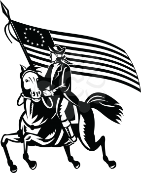 Black and white illustration of an American patriot revolutionary general soldier on horseback carrying Betsy Ross flag looking to side on independence day done in retro woodcut style.