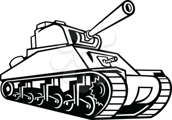 Mascot icon illustration of an M4 Sherman, the most widely used medium tank by the United States and Western Allies in World War II viewed from a low angle in retro black and white style.