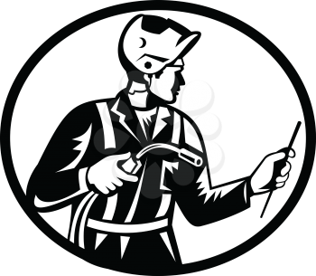 Illustration of a Gas metal  arc welder worker holding welding torch and electrode rod viewed from side set inside oval done in retro woodcut black and white style.