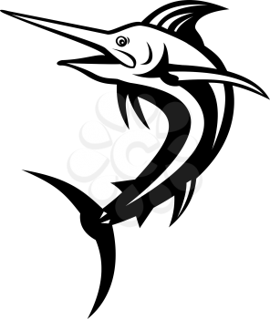 Retro style illustration of an Atlantic blue marlin, a species of marlin endemic to the Atlantic Ocean, jumping up done in black and white on isolated background.