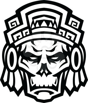 Mascot icon illustration of a skull of a noble Aztec warrior wearing wood helmet or headdress viewed front on isolated background in retro black and white style.