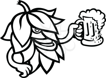 Mascot  black and white illustration of a beer hops, flower or seed cones or strobiles of the hop plant drinking a mug of ale viewed from side on isolated background in retro style.