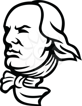 Mascot icon illustration of head of an American polymath and Founding Father of the United States, Benjamin Franklin looking forward viewed from side on isolated background in retro black and white style.