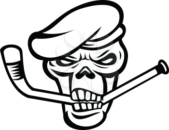 Mascot black and white illustration of skull head of a green beret commando or elite light infantry or special forces soldier biting an ice hockey stick viewed from front on isolated background in retro style.