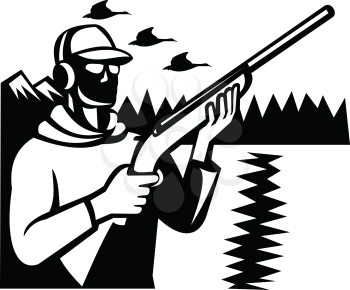Black and white illustration of a bird hunter duck shooter hunting with shotgun rifle with geese flying and mountains done in retro style on isolated background.