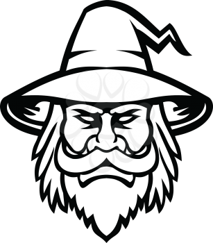 Mascot icon illustration of head of a black wizard, sorcerer or magician, a practitioner of magic and witchcraft wearing a pointed hat viewed from front on isolated background in retro style.