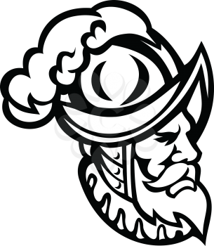 Mascot icon illustration of head of a Spanish Conquistador wearing a morion, type of open helmet hat used from the middle 16th to early 17th centuries, side view in retro black and white style.