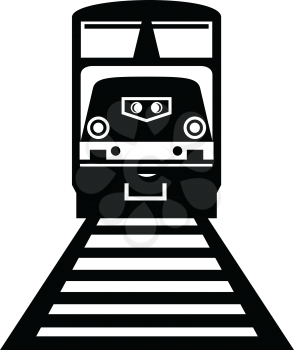 Illustration of a diesel train, a railway locomotive in which the prime mover is a diesel engine, on rail tracks viewed from front done in retro black and white style. 