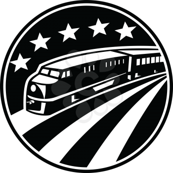 Illustration of a diesel train viewed from a high angle set inside circle with American stars and stripes flag in background done in retro style.