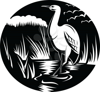 Retro style illustration of an egret, bittern or heron, a long-legged freshwater and coastal bird in the family Ardeidae viewed from side set in circle on isolated background done in black and white.