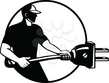 Illustration of a electrician, electrical mechanic or handyman carrying electric plug plugging facing side set inside circle on isolated background done in retro black and white style.