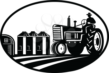 Illustration of a farmer driving a vintage farm tractor with farm barn and silo in the background done in retro woodcut  black and white style.