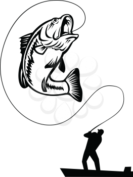 Illustration of a fisherman bass fishing catching a largemouth, largies, northern largemouth, widemouth, bucketmouth or Florida bass, jumping up on isolated background in retro black and white style.