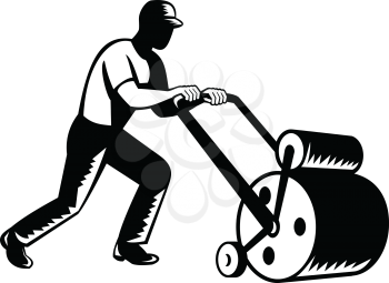 Retro woodcut black and white style illustration of a gardener, landscaper, groundsman or groundskeeper pushing lawn roller on isolated background.