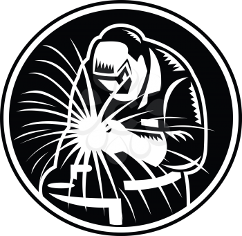 Illustration of a welder working on oxy-fuel,  oxyacetylene welding, oxy welding, oxy-fuel cutting or gas welding set inside circle on isolated background done in retro black and white style.