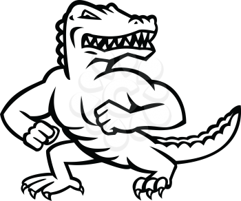 Mascot illustration of a ferocious reptilian alligator, gator or crocodile standing in fighting stance on isolated background in retro black and white style.