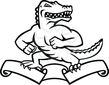 Mascot illustration of a ferocious reptilian alligator, gator or crocodile standing in fighting stance on top of ribbon or scroll on isolated background in retro black and white style.