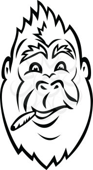 Black and white mascot illustration of head of a gorilla smoking a cigarette or cannabis, marijuana joint viewed from front on isolated white background in cartoon style.