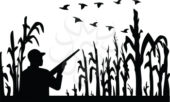 Retro black and white style illustration of a silhouette duck or bird hunter with rifle in flooded cornfield with corn stalks on isolated white background.