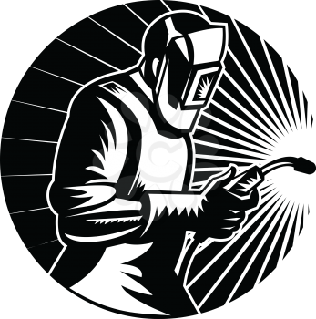 Illustration of a MIG welder worker working using arc welding torch viewed from side holding his visor set inside circle on isolated background done in retro woodcut  black and white style.