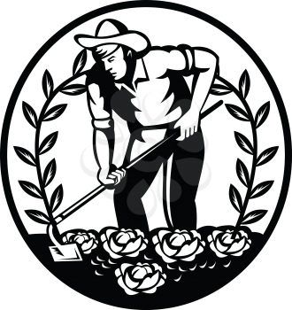 Illustration of an organic farmer, horticulturist, agriculturist or gardener with garden hoe tilling vegetable farm garden set in circle done in retro black and white style set inside circle.  