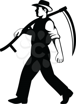 Illustration of an organic farmer, horticulturist, agriculturist or gardener with scythe walking viewed from side done in retro black and white style on isolated background.