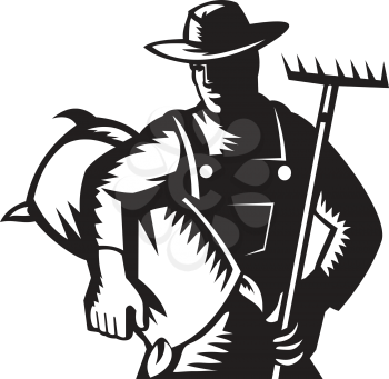 Illustration of an organic wheat farmer, horticulturist, agriculturist or gardener with rake and carrying sack done in retro woodcut black and white style.