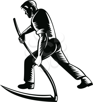 Illustration of an organic farmer, horticulturist, agriculturist or gardener working with scythe viewed from rear done in retro black and white style on isolated background.