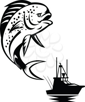 Retro style illustration of a pompano dolphinfish (Coryphaena equiselis), a surface-dwelling ray-finned fish, jumping up with fishing boat, seacraft or vessel in background done in black and white.