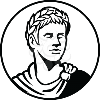 Mascot black and white illustration of bust of an ancient Roman emperor, senator or Caesar, ruler of Roman Empire during the imperial period wearing crown of laurel leaves looking side in retro style.