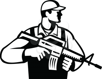 black and white Illustration of an American soldier serviceman with assault rifle facing to side looking up on isolated white background.