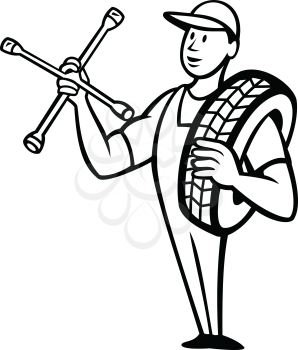 Black and white illustration of a tire technician or mechanic with tire socket or lug wrench and tire standing front view isolated on white background done in cartoon style.