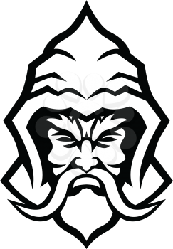 Mascot icon illustration of head of a Wizard, sorcerer or warlock, a practitioner of magic derived from supernatural, occult, or arcane sources viewed from  front done in retro black and white style.