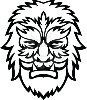 Mascot icon illustration of head of a circus wolfman or wolfboy, a circus freak or curiosity viewed from front on isolated background in retro black and white style.